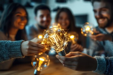 Team brainstorming, illuminated by glowing light bulbs, symbolizing innovative ideas and collaborative problem-solving.