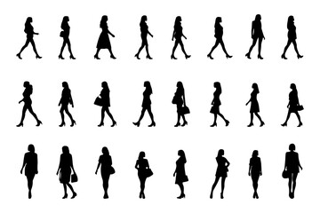 Standing and Walking woman Silhouette collection isolated on white background