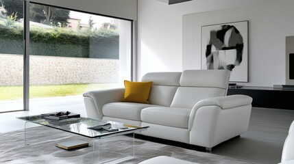 Bright Living Room Interior Featuring a Sleek White Leather Sofa, modern design