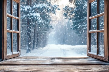 Open window view to snowy forest with falling snow and rustic wood sill. Perfect for holiday themes, winter scenes, or cozy, peaceful backgrounds.