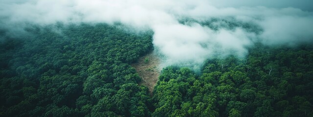 Aerial View of Lush Green Forest Under a Misty Sky