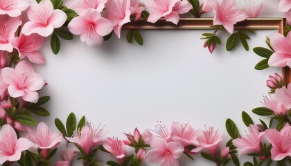 Obraz premium ピンク色のつつじの花のフレーム背景素材。白い背景。テキストスペースあり。AIで生成