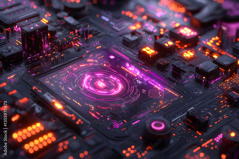Poster an illuminated circuit board with futuristic neon patterns. ideal for tech websites graphic design o