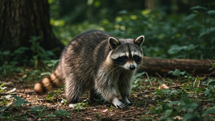 Obraz premium A raccoon exploring a lush forest environment.