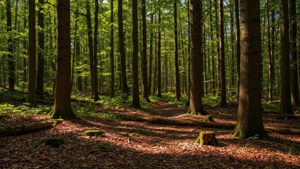 Fototapeta premium A serene forest scene illuminated by soft sunlight.