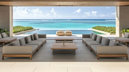 Fototapeta premium Sophisticated outdoor lounge area with an ocean view, showcasing elegant furniture