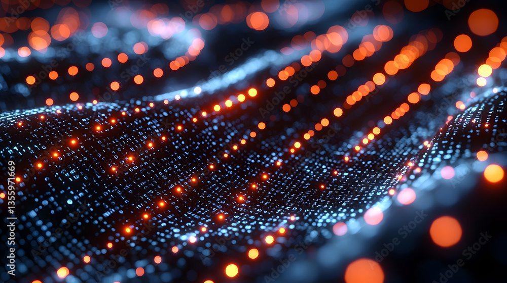 Poster abstract digital art features glowing orange dots on a dark background suggesting data waves. it can