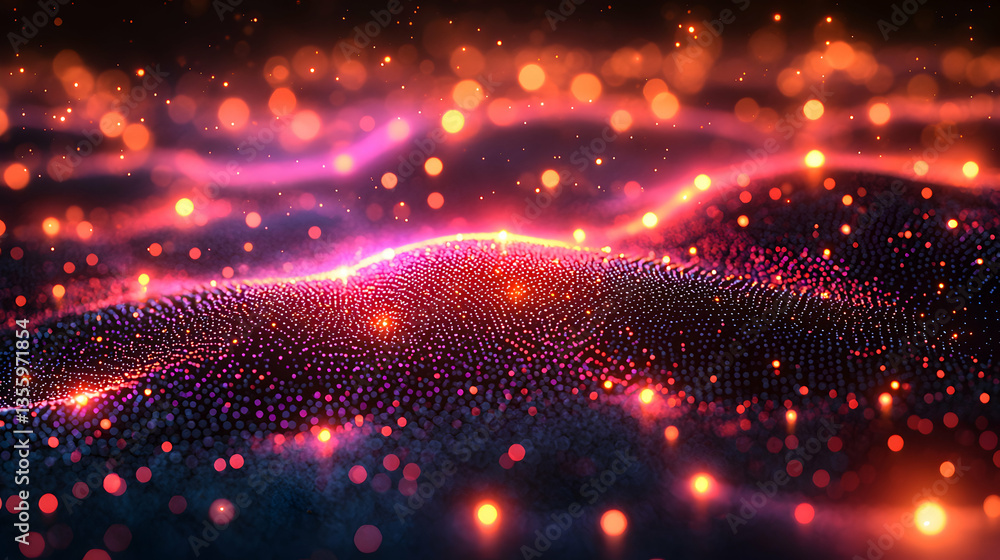Poster abstract digital landscape with glowing orbs and a fluid wave effect. suitable for technology presen