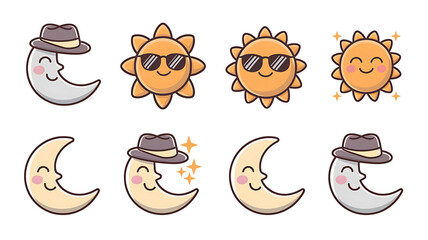 Cute cartoon sun and moon characters wearing hats