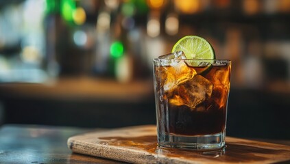 refreshing cuba libre cocktail on wooden board with lime garnish perfect for summer evenings