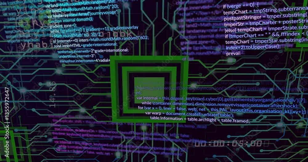 Poster designing circuit board with colorful animation of programming code and data processing