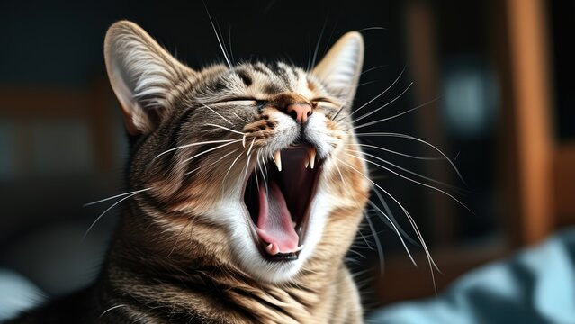 A playful tabby cat yawning in a cozy indoor setting.