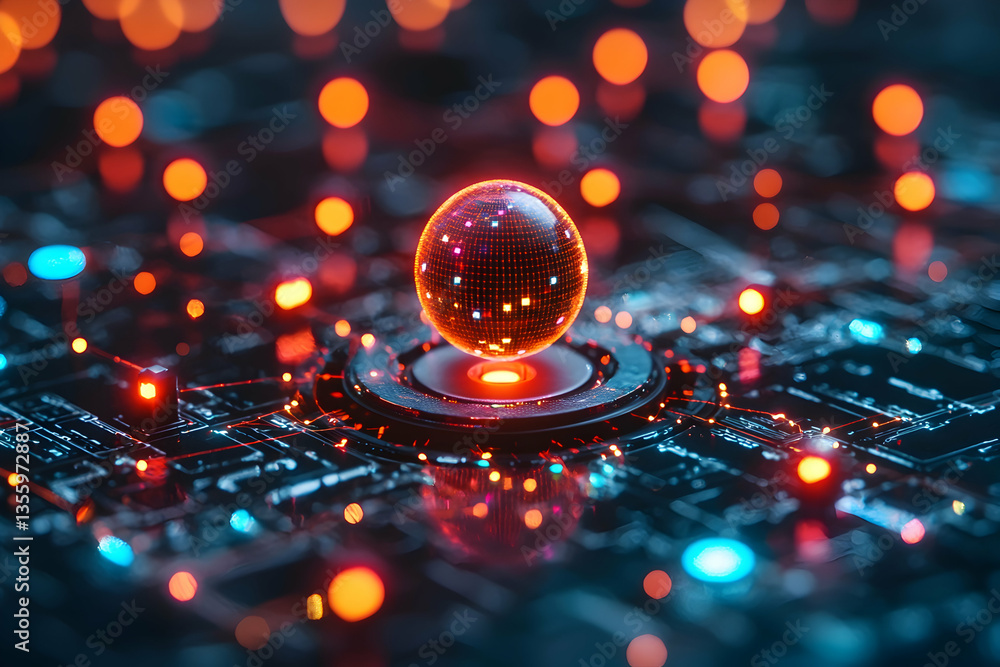 Poster futuristic tech sphere glowing on a circuit board. could represent data or a complex system. it look