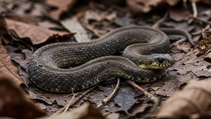 Fototapeta premium Close-up of a snake resting among dried leaves in a natural setting.