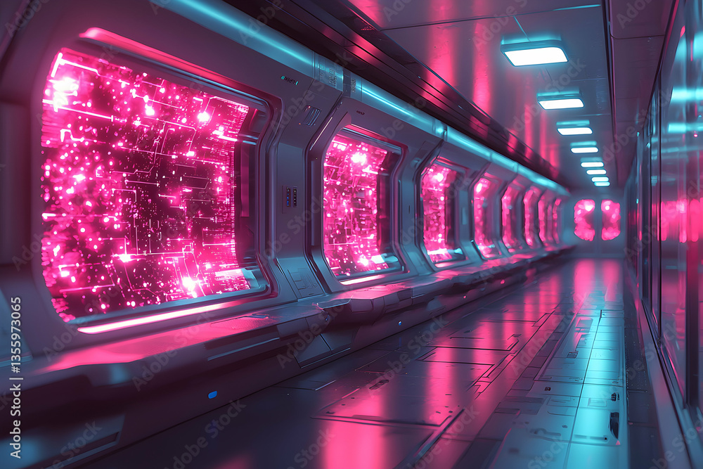 Poster a futuristic corridor with neon pink glowing panels displays data circuits reflecting on the floor. 