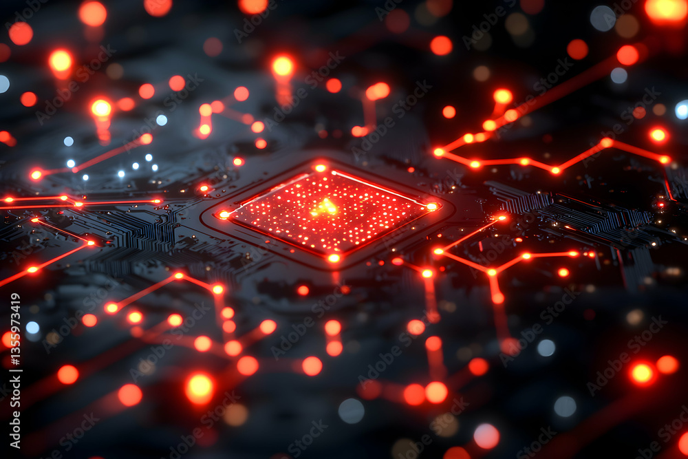 Poster a futuristic image of a circuit board glowing with red lights representing data flow. perfect for te
