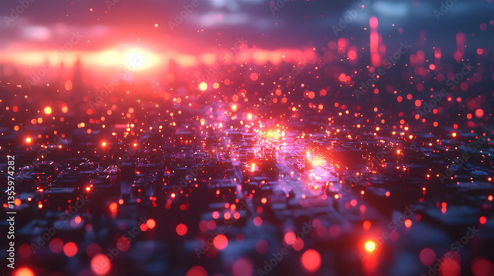 Poster abstract digital art featuring red glowing lights over a circuit board design. it's futuristic and s