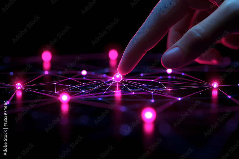 Poster a digital connection concept with a hand touching a glowing point. illustrates data networks and tec