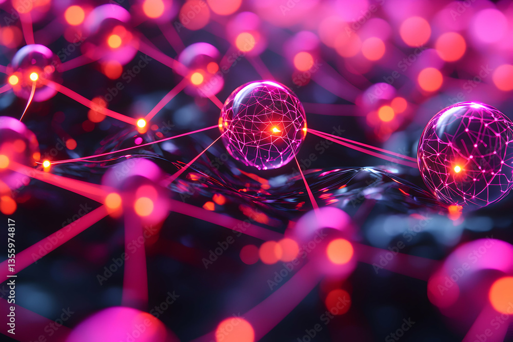 Poster a network of glowing spheres connected by red lines evoking a sense of data processing or connectivi