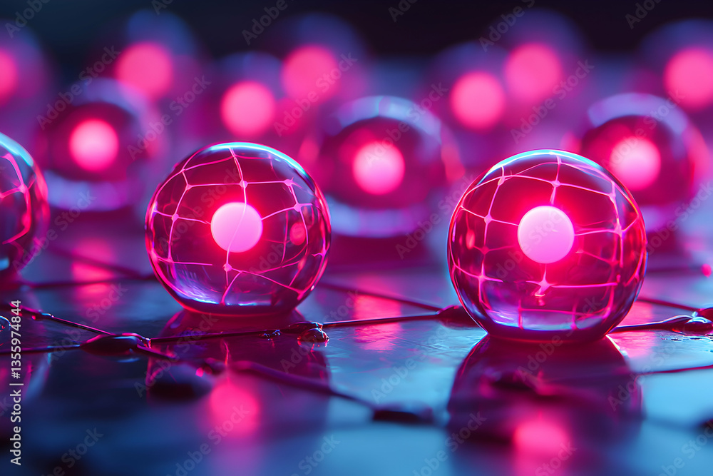 Poster glowing spheres interconnected by lines with vibrant pink light. suggest using this for data visuali