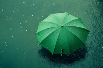 There is a green umbrella floating in the water in the rain
