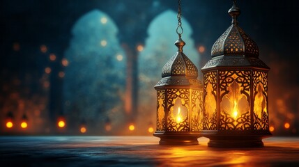 Fototapeta premium Ornate lanterns glow warmly in a softly lit interior scene