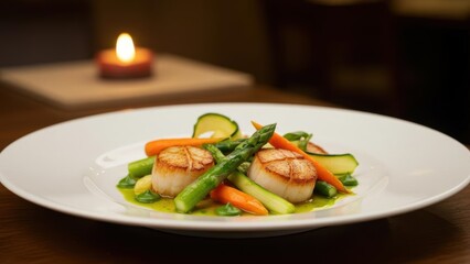 Gourmet scallops served with fresh vegetables on an elegant plate.