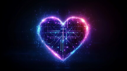 A futuristic vector logo featuring a glowing heart made of interconnected digital network lines, symbolizing innovation in healthcare technology, vibrant neon blue and purple hues, sleek and modern,