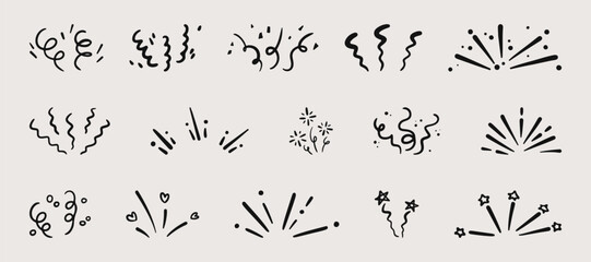 Festive confetti burst set isolated on white background. Vector illustration of hand drawn firework explosion effect, party firecracker sparks, abstract spiral doodles, lines with dots and hearts