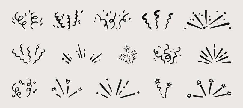 Festive confetti burst set isolated on white background. Vector illustration of hand drawn firework explosion effect, party firecracker sparks, abstract spiral doodles, lines with dots and hearts