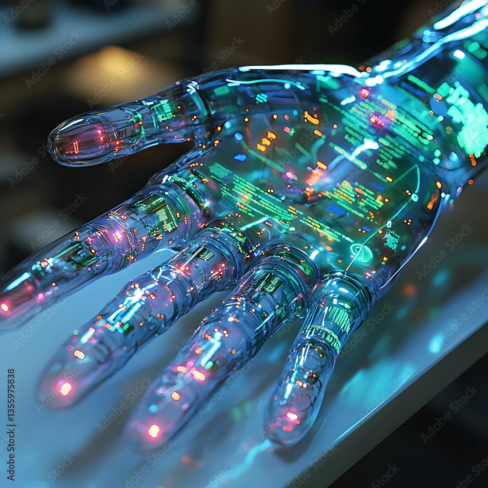 Poster a futuristic transparent hand showcases intricate circuits and data visualization perfect for techno