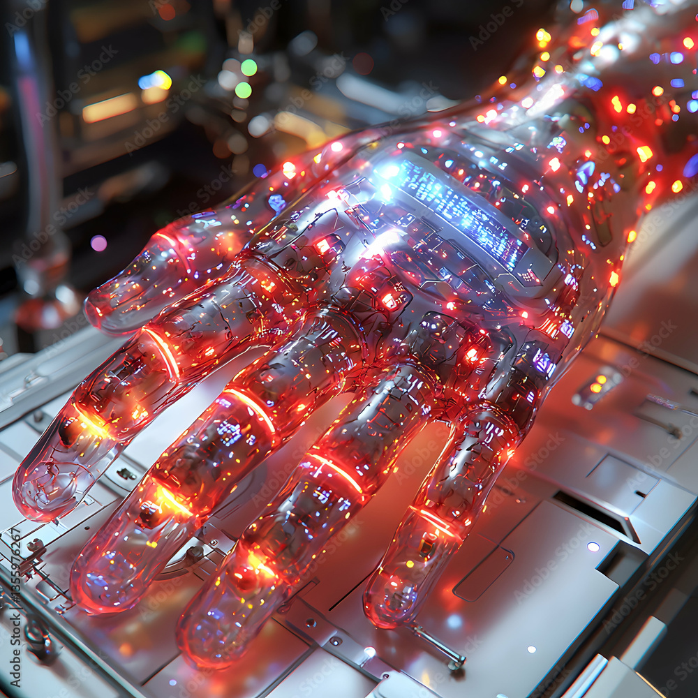 Poster a futuristic transparent robotic hand with internal circuits and glowing lights. perfect for sci-fi 