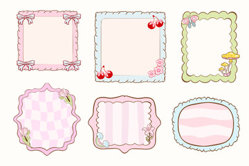 cute doodle frame set, vector watercolor cute Valentine day border, pink heart wedding card design. Hand drawn elegant minimal decor collection, romantic shield. Coquette love frame invitation print