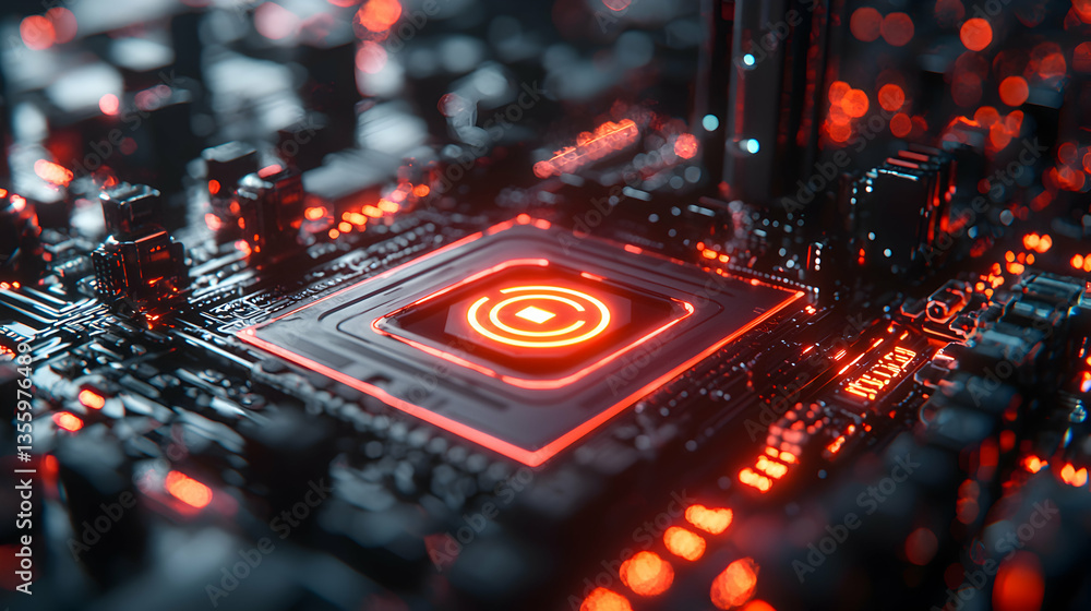 Poster a futuristic close up of a circuit board with glowing red elements. this image could be used as a ba