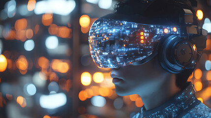 A person wearing a futuristic VR headset experiencing a digital world. Apply this to sci-fi movie posters or game promotional materials. This creates an immersive feeling.