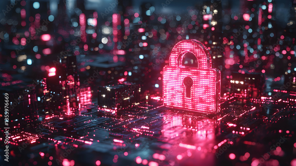 Poster cybersecurity concept with a glowing padlock in a digital city suggesting data protection. ideal for