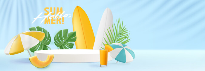Summer vacation concept in 3d realistic design. Striped beach umbrellas, surfboards, tropical palm monstera leaves, fruit and cocktail on blue background. White product display podium banner.