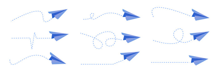 Blue paper plane arrows and dotted line paths on white background. Origami aircraft, simplistic airplane icons, dash trajectory trails. Cute air travel, transportation concept vector illustration.