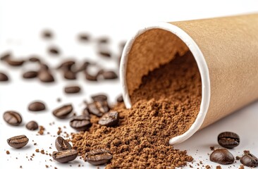 Aromatic Ground Coffee Powder Pouring from a Recycled Paper Cup Surrounded by Freshly Roasted Beans