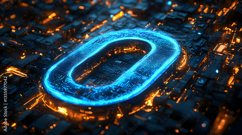 Poster a vibrant depiction of a glowing zero set on a circuit board suggesting digital transformation and c