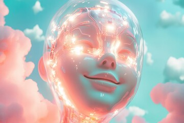 A serene, smiling robotic face glows with internal circuitry, set against a pastel sky and clouds.