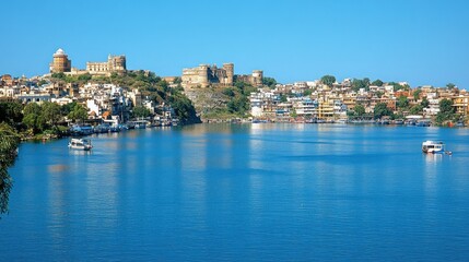Fototapeta premium Panoramic view of a lake with ancient fortresses and city skyline