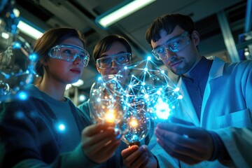Team of scientists examining a glowing network, symbolizing innovation and connection.