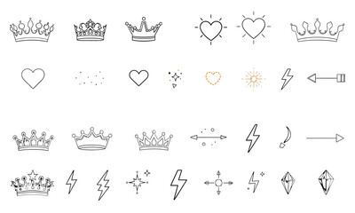 Hand drawn collection of crowns, hearts, stars, and lightning symbols, showcasing whimsical and artistic style. Perfect for creative projects and designs that need touch of charm and elegance