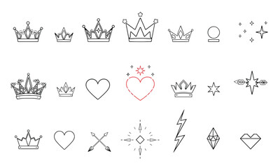 Elegant crown designs and symbols, including hearts, stars, and geometric shapes, create whimsical and royal aesthetic. Perfect for various creative projects