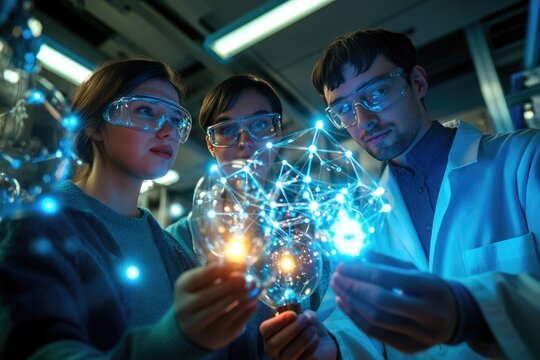 Team of scientists examining a glowing network, symbolizing innovation and connection.