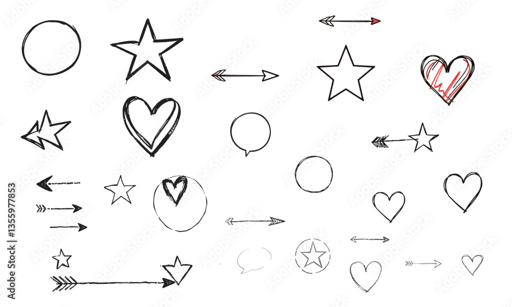 Poster hand drawn symbols including stars, hearts, arrows, and speech bubbles create playful and artistic v