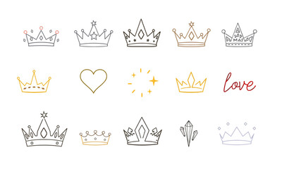 Crown illustrations in various styles, including simple, ornate, and heart designs, evoke sense of royalty and elegance, perfect for creative projects © RooftopStudioBangkok
