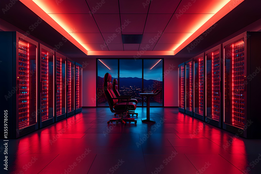 Poster a futuristic data center bathed in red light. this image could be used for a tech blog or a website 
