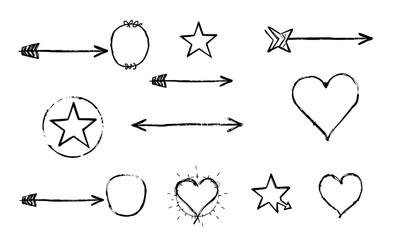 Hand drawn symbols including arrows, stars, hearts, and circles create playful and artistic vibe. These elements can be used in various designs to convey emotions and directions